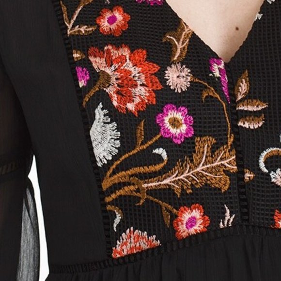 WHBM GORGEOUS! Floral Embroidered Blouse Black Translucent Sleeves 14 - Picture 6 of 9